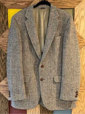 Vintage Mens Harris Tweed Blazer Beige Herringbone Scottish Wool Sport Coat 40R